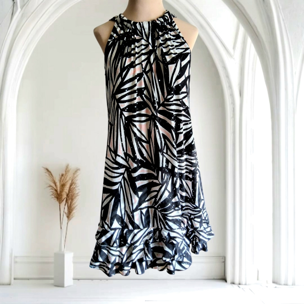 MSK Black and White Sleeveless Sequins Dress with Ruffle Trim Size Large